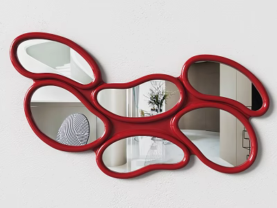 Red Abstract Shape Wall Mirror with Room Interior Reflections on White Wall 3d model