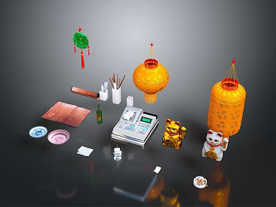 Traditional Chinese Style Decorative Ornament Set With Lanterns Lucky Cat And Gold Toad 3d model