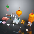 Traditional Chinese Style Decorative Ornament Set With Lanterns Lucky Cat And Gold Toad