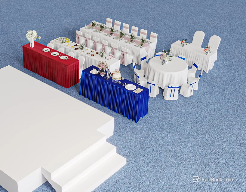 Arranged Dining Chairs With Colored Tablecloths Tableware Decorative Flowers And White Steps 3d model