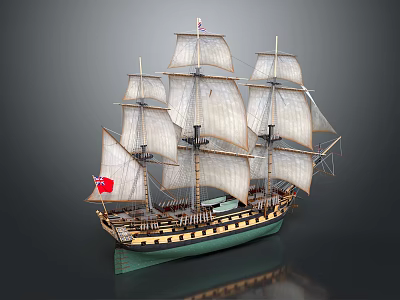 Detailed Sailing Ship Model With Multiple White Sails Yellow And Green Hull And Red Flag 3d model