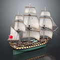 Detailed Sailing Ship Model With Multiple White Sails Yellow And Green Hull And Red Flag