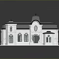 Classical Style 3D Building Model With White Facade Dark Roof Arched Windows And Steps
