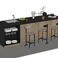 Modern Bar Counter With Black Countertop Wooden Cabinets Sink Stools Coffee Maker And Fruits