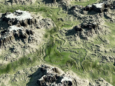 Natural Scenic Garden Landscape with Rocky Mountains and Winding Green Paths 3d model