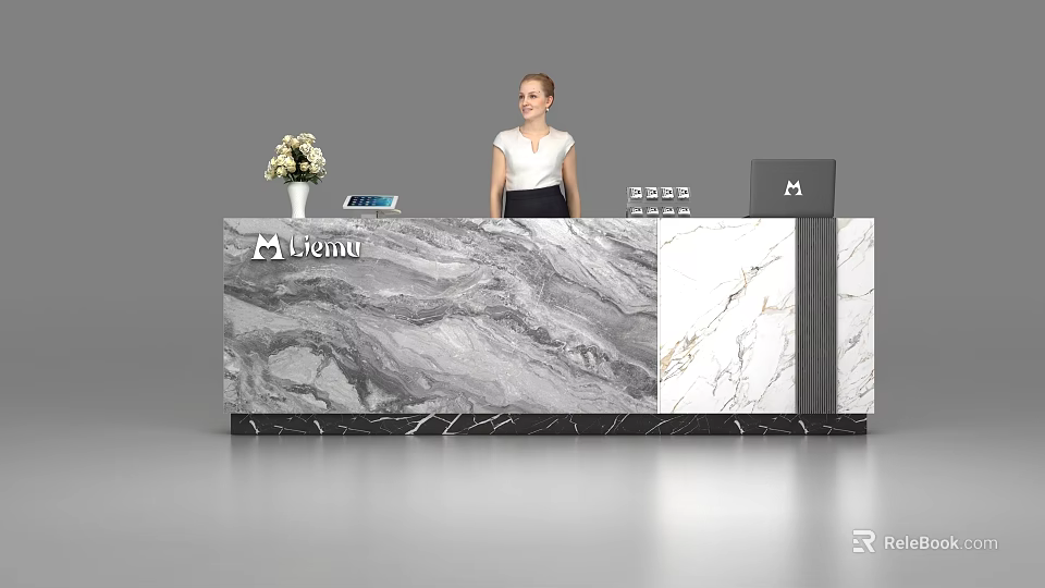 Elegant Marble Reception Desk With Micuna Logo Flower Vase And Laptop 3d model 
