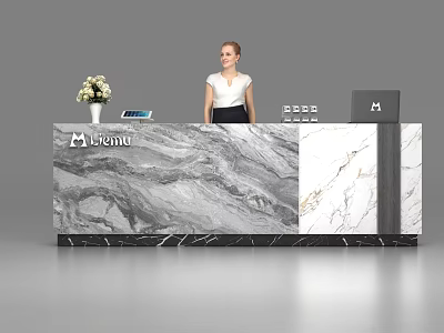 Elegant Marble Reception Desk With Micuna Logo Flower Vase And Laptop 3d model