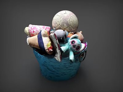 Blue Storage Basket Filled With Stuffed Toys Soccer Ball And Kids Playthings 3d model