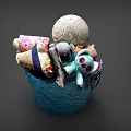 Blue Storage Basket Filled With Stuffed Toys Soccer Ball And Kids Playthings