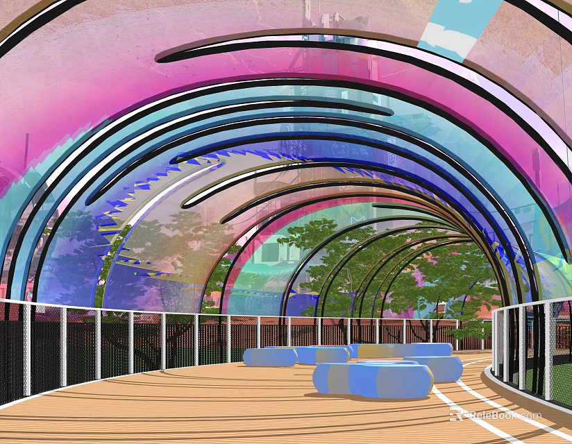 Colorful Arched Bridge with Transparent Material Wooden Walkway Blue Seats and Surrounding Trees 3d model 