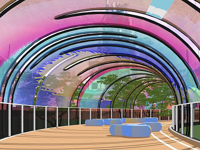 Colorful Arched Bridge with Transparent Material Wooden Walkway Blue Seats and Surrounding Trees 3d model