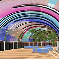 Colorful Arched Bridge with Transparent Material Wooden Walkway Blue Seats and Surrounding Trees