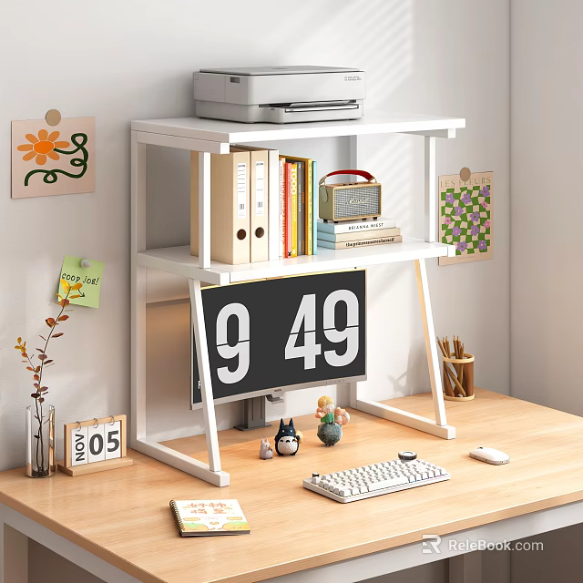 Practical Storage Shelf for Desk Setup with Folders Radio Books Monitor Calendar and Small Ornaments 3d model 