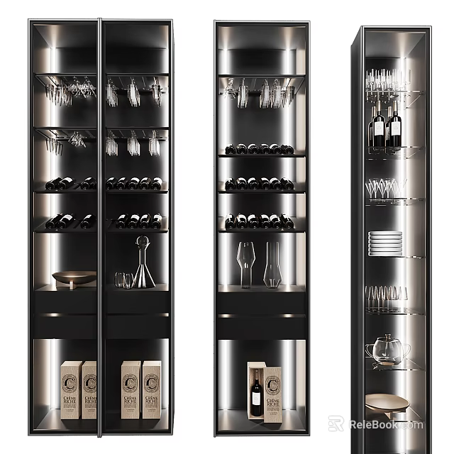 Modern Wine Cabinet Interior With Glass Doors Wine Bottles And Glasses 3d model 