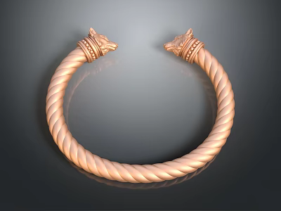Elegant Twisted Copper Colored Bracelet with Wolf Head Accents and Intricate Design 3d model