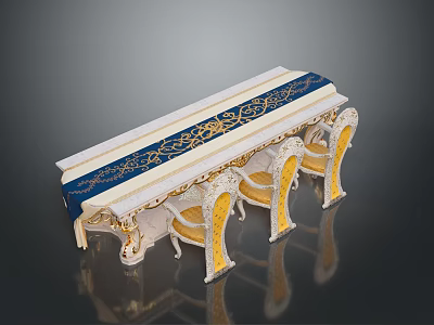 Elegant White Table With Blue And Gold Intricate Patterns And Carved Legs 3d model