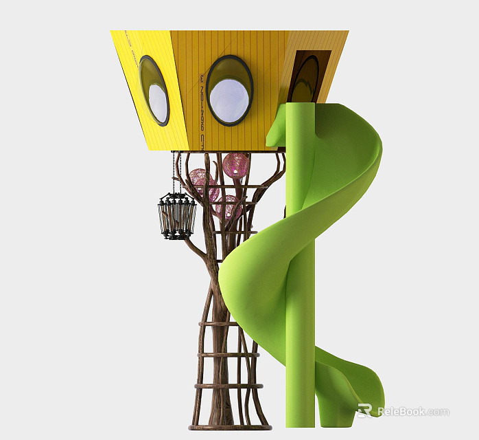 Vibrant Kids Playground Equipment With Yellow Cabin Green Slide And Tree Like Structure 3d model 