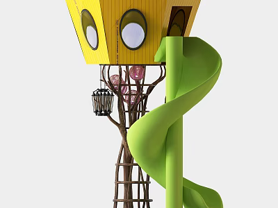 Vibrant Kids Playground Equipment With Yellow Cabin Green Slide And Tree Like Structure 3d model