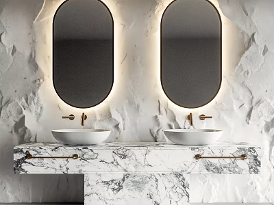 Marble Bathroom Vanity with Double Sinks Illuminated Mirrors and Gold Faucets 3d model