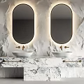 Marble Bathroom Vanity with Double Sinks Illuminated Mirrors and Gold Faucets