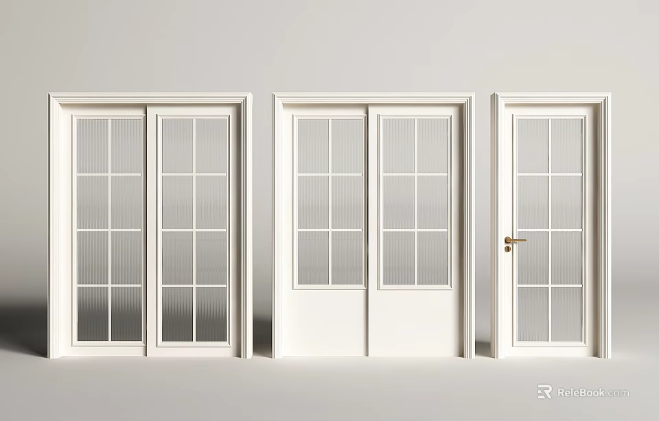 White Interior Sliding Doors Featuring Three Different Glass Grid Patterns and Golden Handle 3d model 