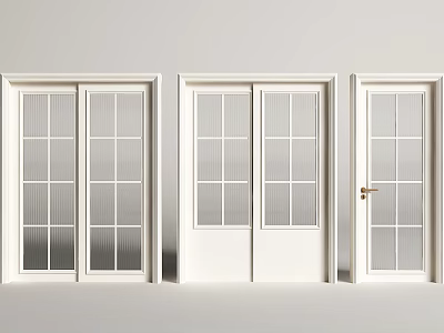 White Interior Sliding Doors Featuring Three Different Glass Grid Patterns and Golden Handle 3d model