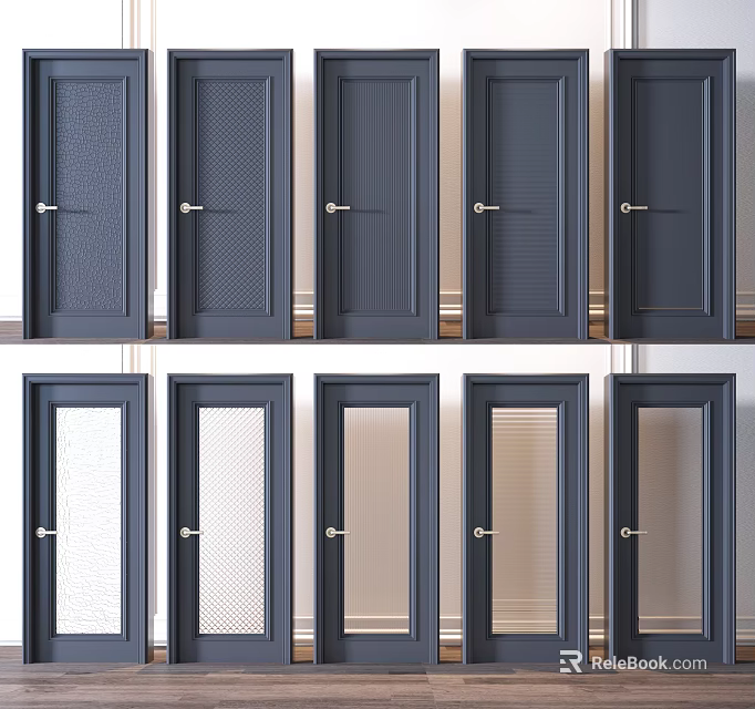 Dark Hinged Doors with Various Panel Designs and Glass Inserts Featuring Metal Handles 3d model