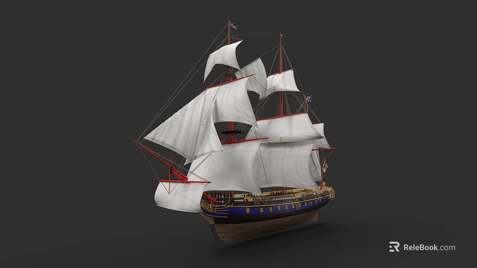 Classic Sailing Ship With White Sails Red Masts And Blue Brown Hull 3d model 