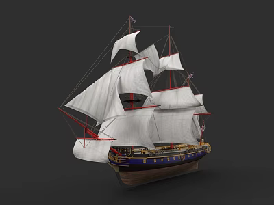 Classic Sailing Ship With White Sails Red Masts And Blue Brown Hull 3d model
