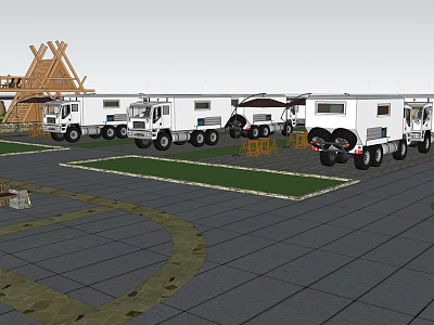 Several White Trucks Parked Near Wooden Structure On Paved Ground With Lawn 3d model