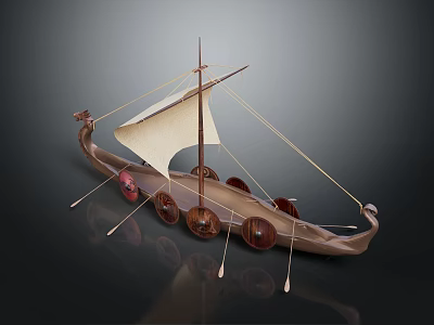 Traditional Wooden Boat With White Sail Prow Decoration Oars And Round Elements On Dark Background 3d model