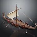 Traditional Wooden Boat With White Sail Prow Decoration Oars And Round Elements On Dark Background