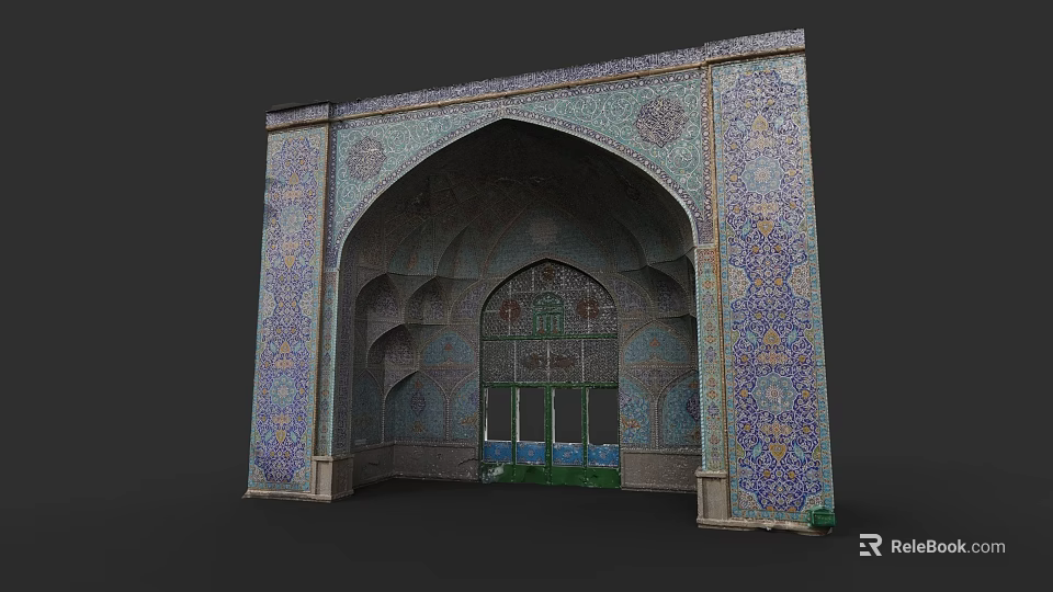 Traditional Garden Landscape With Arched Doorway Colorful Tile And Grilled Green Door 3d model 