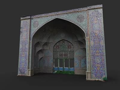 Traditional Garden Landscape With Arched Doorway Colorful Tile And Grilled Green Door 3d model