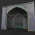 Traditional Garden Landscape With Arched Doorway Colorful Tile And Grilled Green Door