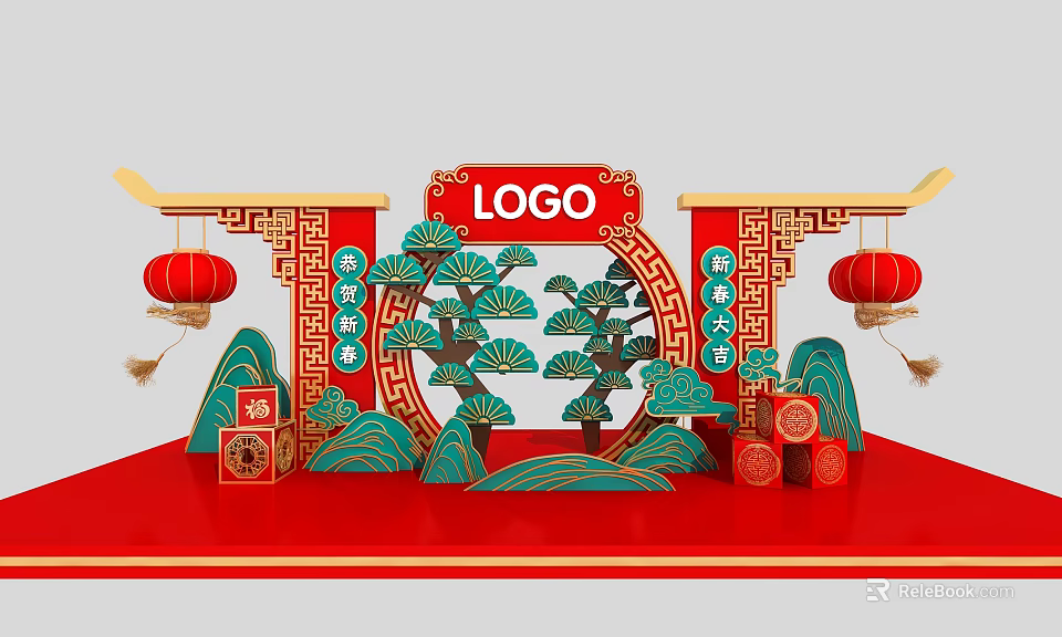 Chinese Traditional Event Gateway with Red Lanterns Pine Trees Mountain Patterns and LOGO 3d model