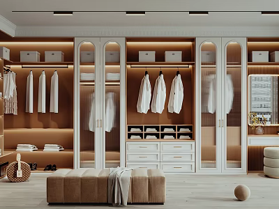 Modern Walk In Closet Interior With Glass Doors Drawers And Bench 3d model