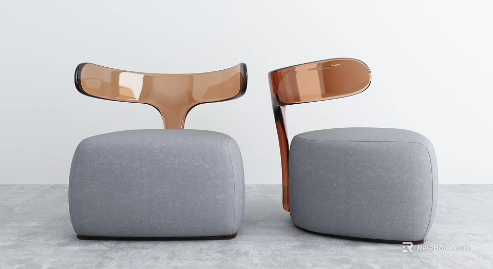 Two Modern Single Sofas with Gray Upholstery and Amber Acrylic Arms 3d model 