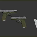 Two Green Grip Silver Barrel Pistols And Magazine Isolated On Dark Background