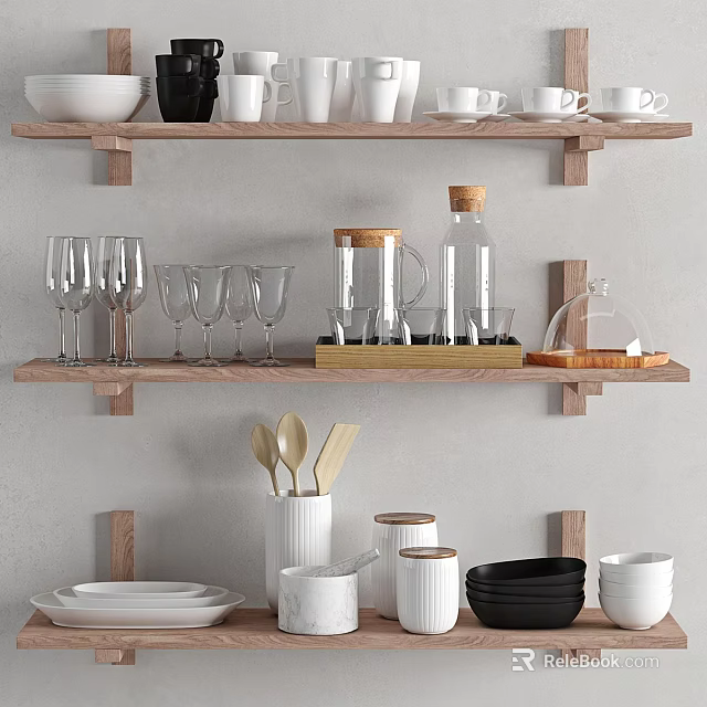 Minimalist Kitchen Decorative Item Set with Wooden Shelves Bowls Cups Glassware Bottles and Jars 3d model 