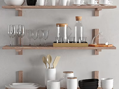 Minimalist Kitchen Decorative Item Set with Wooden Shelves Bowls Cups Glassware Bottles and Jars 3d model