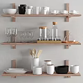 Minimalist Kitchen Decorative Item Set with Wooden Shelves Bowls Cups Glassware Bottles and Jars