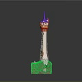 Colorful Decorative Tower Model With Purple Spire Red Body Green Vines And Grass Base