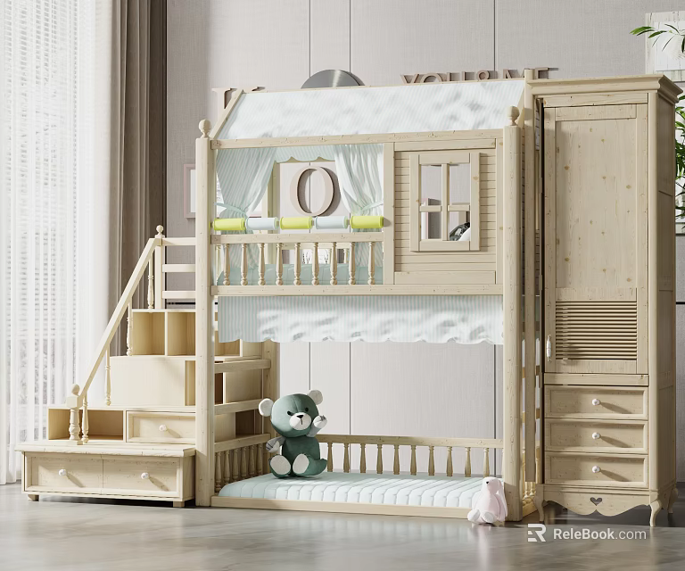 Kids Wooden Bunk Bed With Staircase Storage Drawers Wardrobe And Window Curtain Design 3d model 