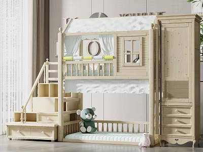 Kids Wooden Bunk Bed With Staircase Storage Drawers Wardrobe And Window Curtain Design 3d model