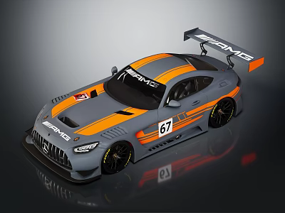 Mercedes AMG Gray And Orange Race Car With 67 Number And Rear Spoiler 3d model