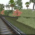 Park Landscape With Railroad Tracks Palm Trees Red Maple Trees Green Shrubs And Blue Sky