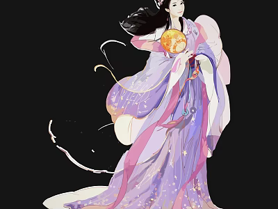 Traditional Chinese Female Portrait Painting With Flowing Purple Pink Starry Robe Long Hair Holding Moon 3d model