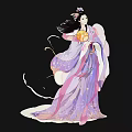 Traditional Chinese Female Portrait Painting With Flowing Purple Pink Starry Robe Long Hair Holding Moon