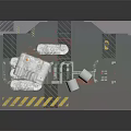 Display Platform With Transparent Wrapped Cubes Scrolls Warning Stripes And Blueprints